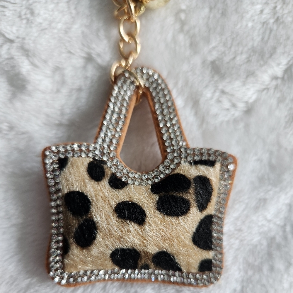 Leopard Print Purse Tote Keychain with Gold Accents - Picture 2 of 3
